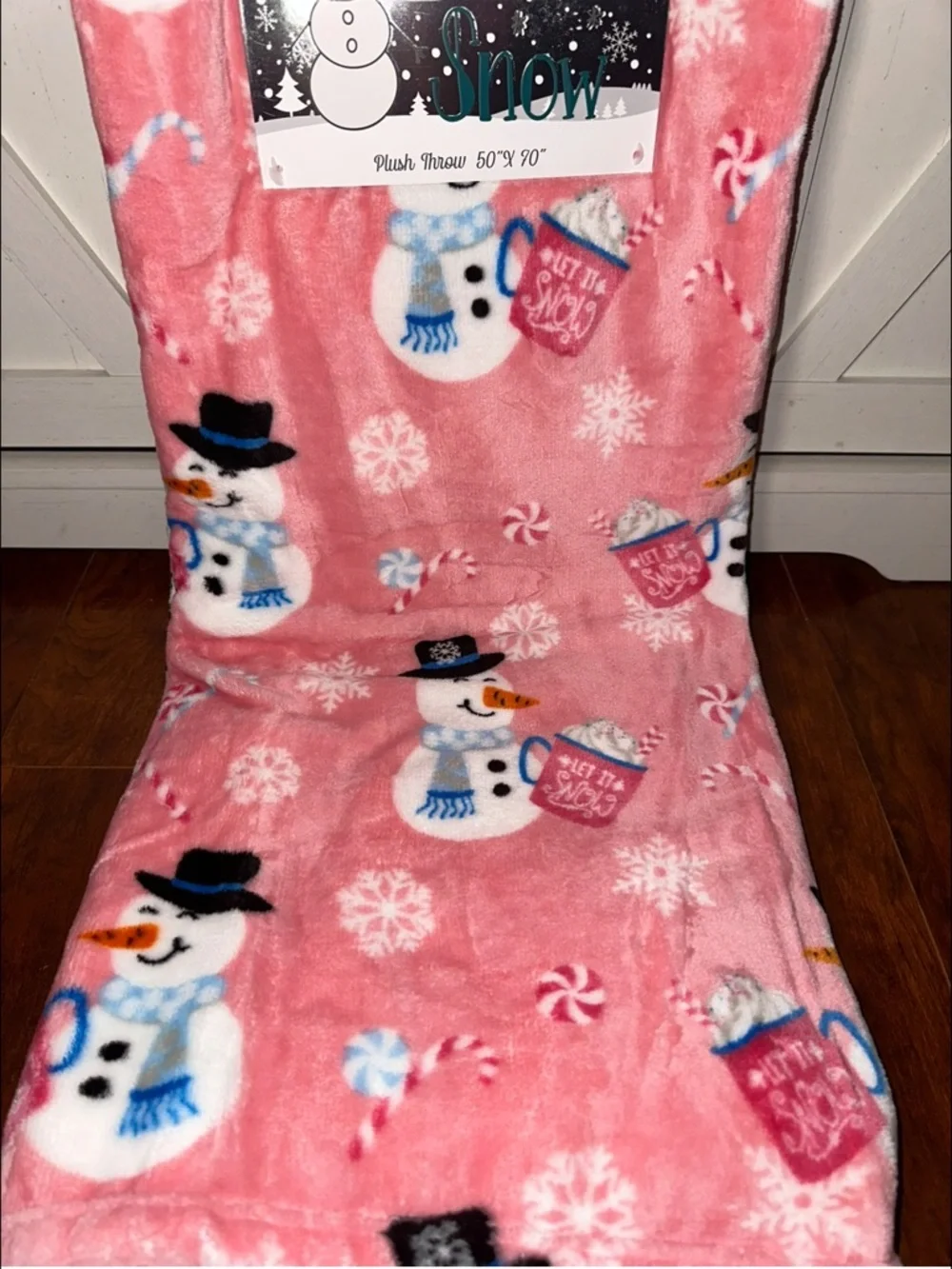 Let it Snow Pink Snowman Holiday Plush Throw Blanket